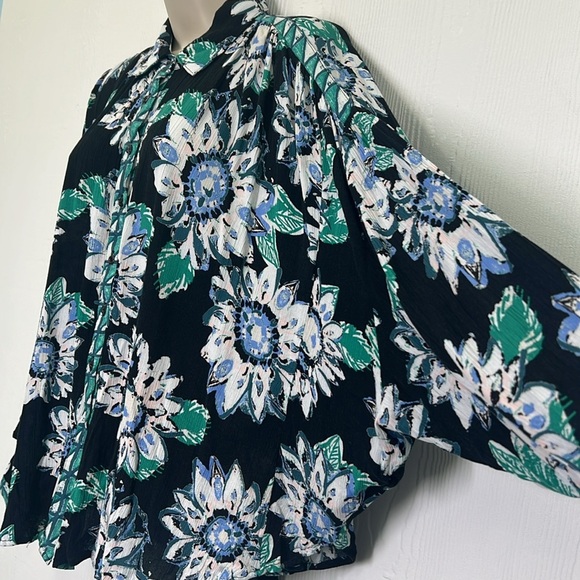 Free People - Good Vibrations Floral Teal Black Button Down Oversized Blouse XS - Picture 9 of 13